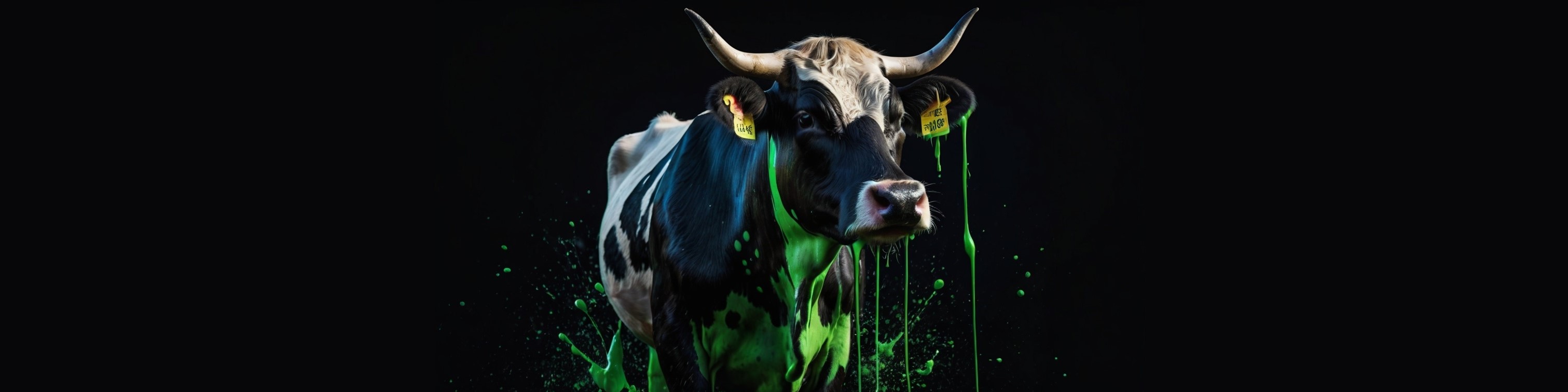 Default_a_cow_on_a_black_background_splashed_with_green_and_bl_2_1