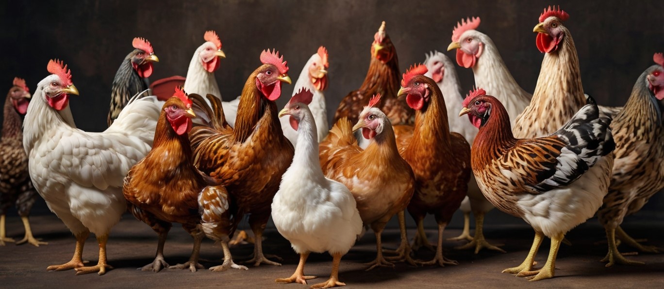 Leonardo_Kino_XL_studio_photo_many_types_of_poultry_next_to_ea_1
